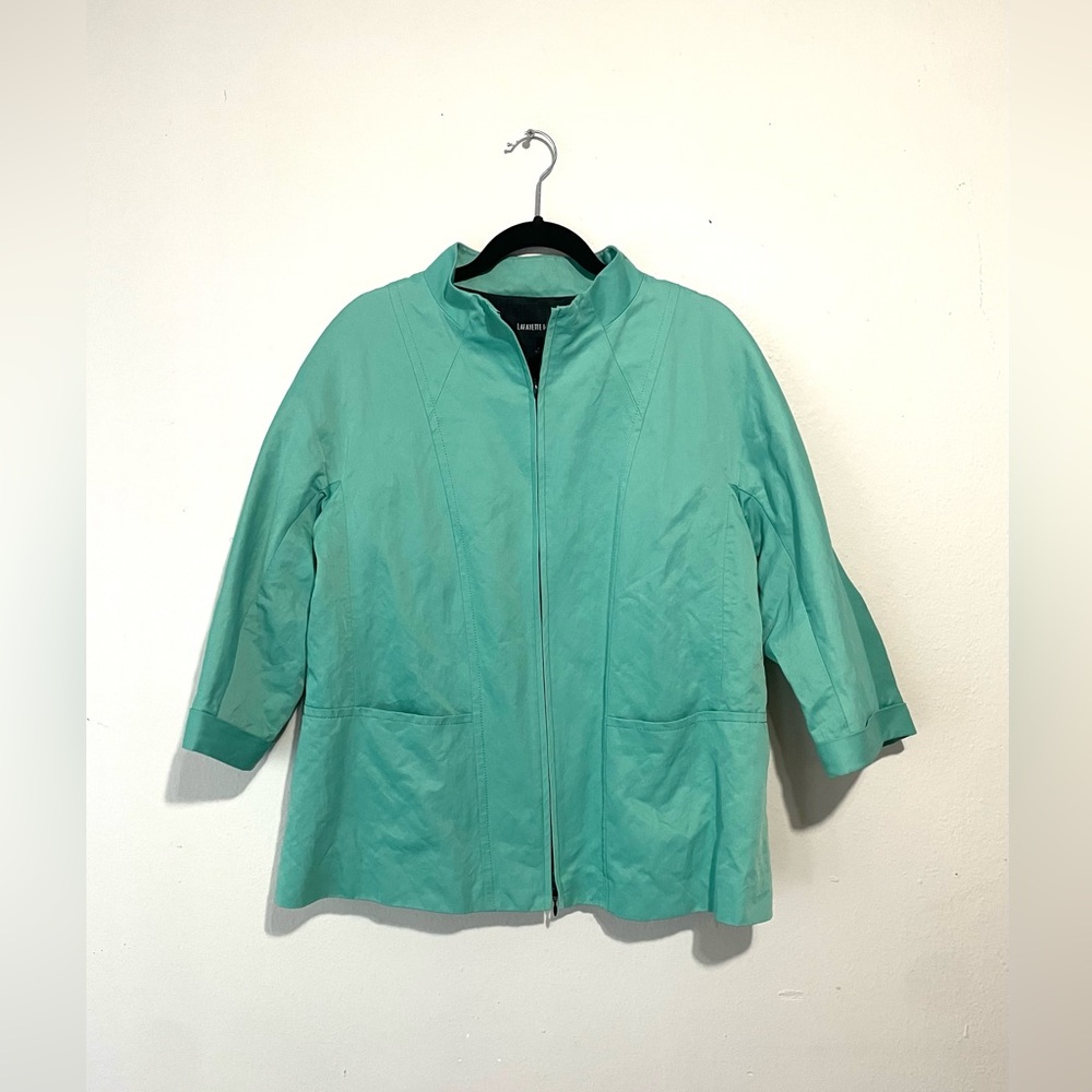 Lafayette 148 New York Zip Blazer Coat Jacket Lined Pocket Size Large Teal Green